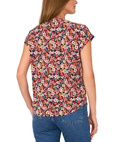 Vince Camuto Women's Floral-Print Split-Neck Cap-Sleeve Top