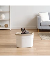 Iris Usa Oval Top Entry Cat Litter Box with Litter Catching Lid, Privacy Walls and Scoop, White/Beige