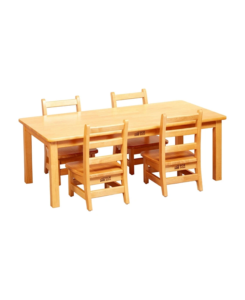 ECR4Kids 24in x 48in Rectangular Hardwood Table with 16in Legs and Four 8in Chairs, Honey