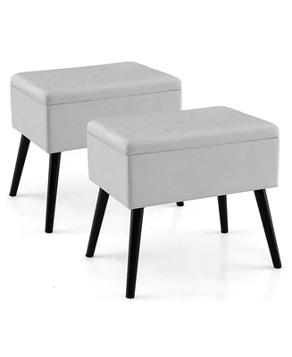 Costway 2 Pcs Velvet Vanity Stool Ottoman with Storage Solid Wood Legs Flip-Up Top