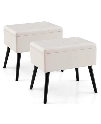 Costway 2 Pcs Velvet Vanity Stool Ottoman with Storage Solid Wood Legs Flip-Up Top