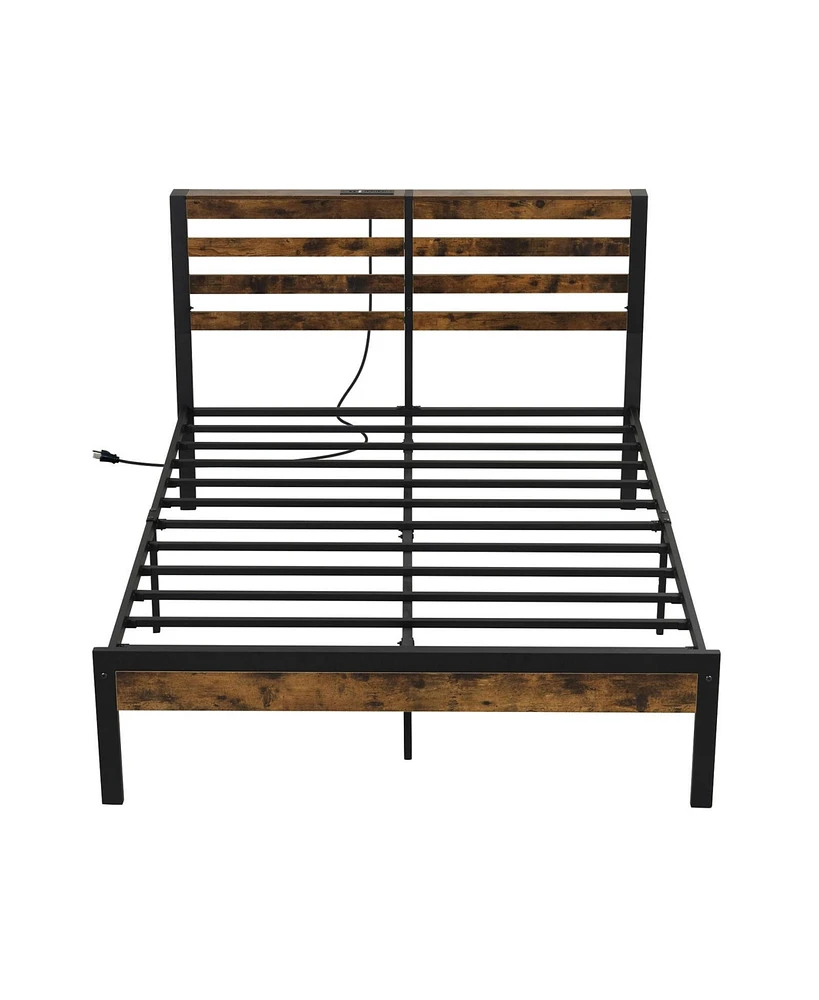 Sugift Full Size Bed Frame with Charging Station and Storage Headboard