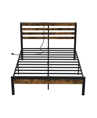 Sugift Full Size Bed Frame with Charging Station and Storage Headboard