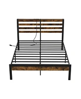 Sugift Full Size Bed Frame with Charging Station and Storage Headboard