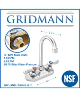 Gridmann Commercial Wall Mount Sink Faucet, 4" Center with 3-1/2" Gooseneck Spout, Nsf, Dual Lever Handles, Brass Construction, Chrome Polished Finish