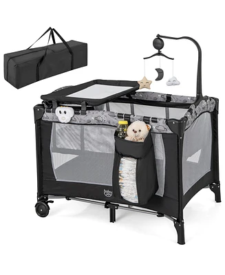 Gymax Portable Baby Playard Nursery Center Crib Bassinet w/ Hanging Toys & Music Box