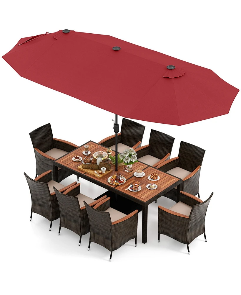 Gouun 11 Pieces Patio Dining Set with 15 Feet Double-Sided Patio Umbrella and Base-Wine