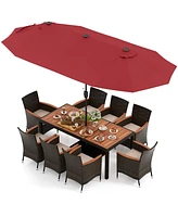 Gouun 11 Pieces Patio Dining Set with 15 Feet Double-Sided Patio Umbrella and Base-Wine