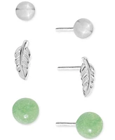 3-Pc. Set Green Aventurine, Polished Sphere & Feather Stud Earrings in Sterling Silver