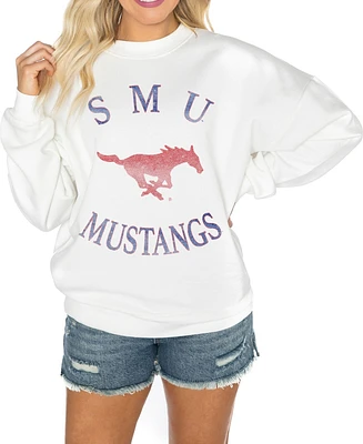 Gameday Couture Women's White Smu Mustangs Good Vibes Premium Fleece Drop Shoulder Pullover Sweatshirt