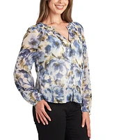 Bcx Juniors' Sheer-Print Long-Sleeve Button-Front Blouse