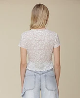 Avec Les Filles Women's Lace Lettuce-Hem Boat-Neck Top