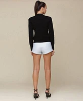 Avec Les Filles Womens Button Front Rib Knit Cardigan Faux Leather Pitched Hem Shorts