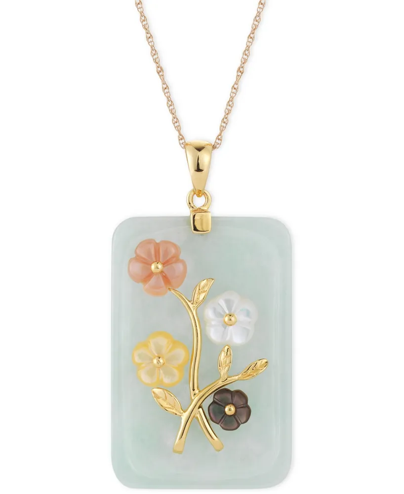 Jade or Onyx Carved Flower Pendant Necklace (25x38mm) in 14k Gold-Plated Sterling Silver