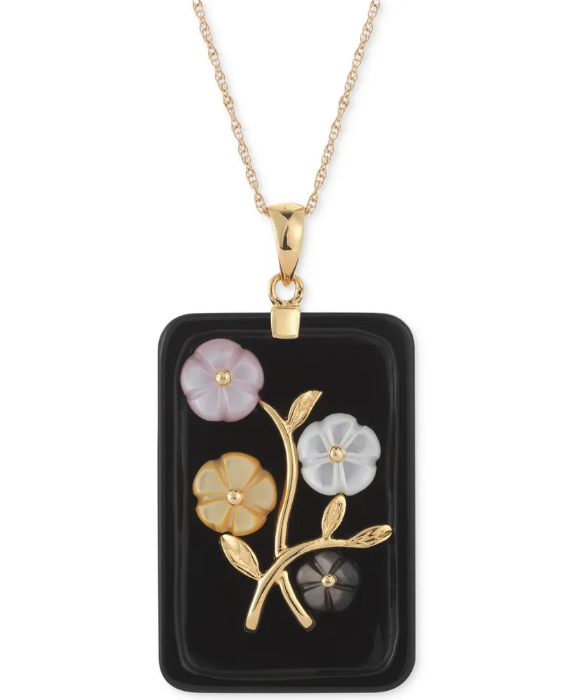 Jade or Onyx Carved Flower Pendant Necklace (25x38mm) 14k Gold-Plated Sterling Silver
