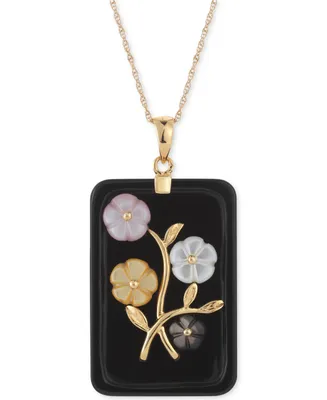 Jade or Onyx Carved Flower Pendant Necklace (25x38mm) 14k Gold-Plated Sterling Silver