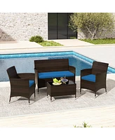 Gouun 4 Pieces Comfortable Outdoor Rattan Sofa Set with Glass Table-Peacock