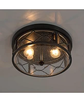 Franklin Iron Works Quincy 14" Industrial Flush-Mount Ceiling Light Fixture Kitchen Foyer Hallway Round Drum 2-Light Black Clear Seeded Glass Bedroom