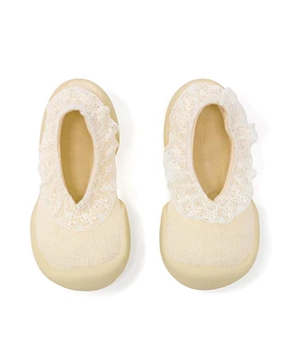 Komuello Baby Girls First Walk Sock Shoes Flat - Sweet Latte Lace