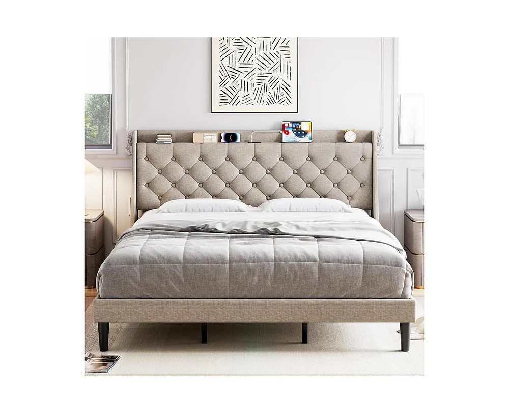 gaomon King Size Bed Frame with Upholstered Wingback Headboard, Luxurious Linen Upholstery Platform Bed with Charging Station, Button Tufted Design