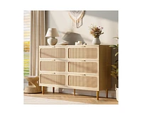 gaomon Rattan 6 Drawer Dresser for Bedroom with Wide Top, Large Double Dresser for Closet with Deep Drawers, Wooden Chest of Drawer for Living Room