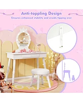 Costway Kids Vanity Set Princess Vanity Table & Chair Set with Lighted Mirror