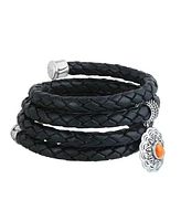 American West Jewelry Sterling Silver Orange Spiny Oyster Concha Braided Leather Wrap Bracelet, One Size Fits Most