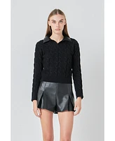 endless rose Women's Leather Cable Knit Sweater