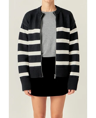 English Factory Women's Zip Up Striped Sweater