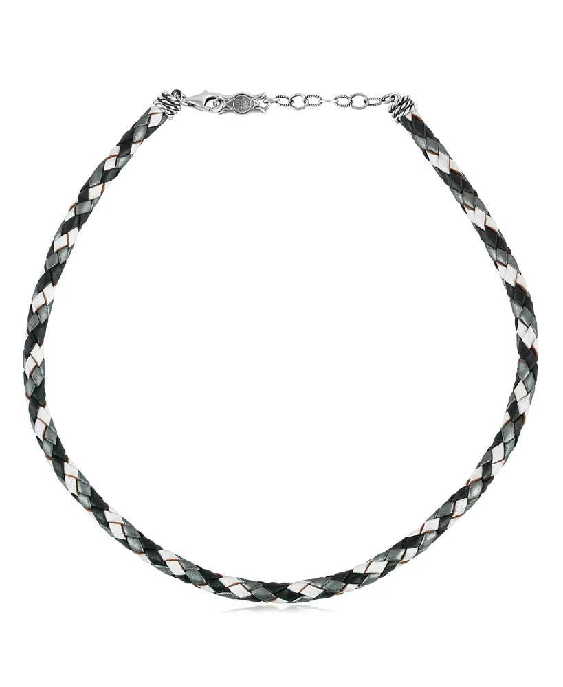 American West Jewelry Sterling Silver Multi-Color Braided Black, White and Gray Leather Necklace