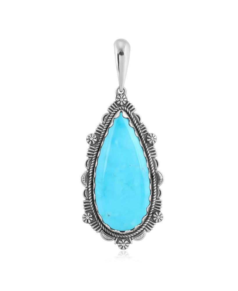 American West Jewelry Sterling Silver Blue Turquoise Teardrop Bordered Design Pendant Enhancer