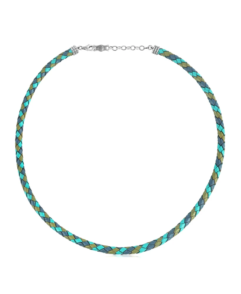 American West Jewelry Sterling Silver Multi-Color Braided Blue, Turquoise and Lime Leather Necklace