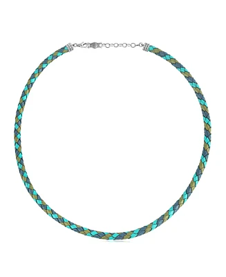 American West Jewelry Sterling Silver Multi-Color Braided Blue, Turquoise and Lime Leather Necklace, 17 to 19 Inches