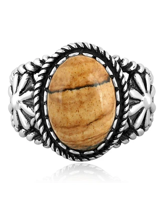 American West Jewelry Sterling Silver Picture Jasper Concha Flower Design Ring, Sizes 5 to 10