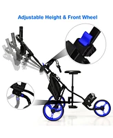 Gymax 3-Wheel Foldable Golf Push Pull Cart Trolley w/ Seat Adjustable Handle