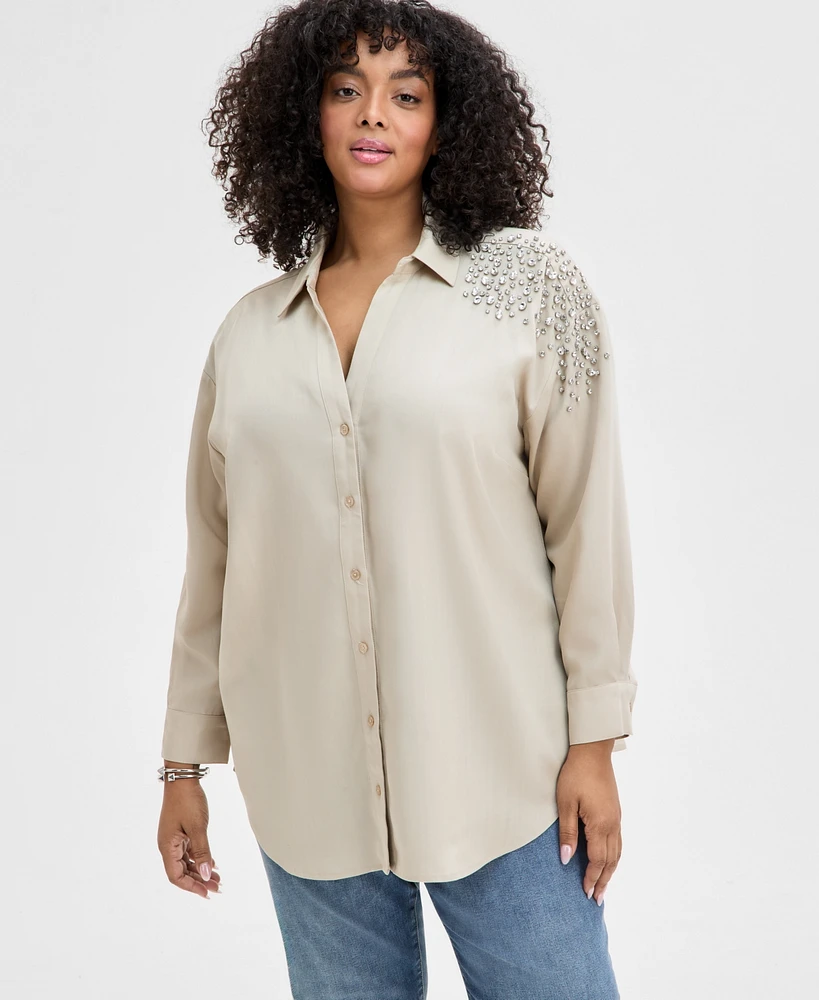 I.n.c. International Concepts Plus Rhinestone-Shoulder Tunic Shirt, Exclusively at Macy's