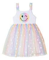 Sparkle & Shine Little Girls Smiley Face Mesh Dress with Metallic Moto Jacket, 2-Piece Set