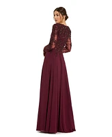 Mac Duggal Women's Embellished Illusion V Neck Long Sleeve Gown