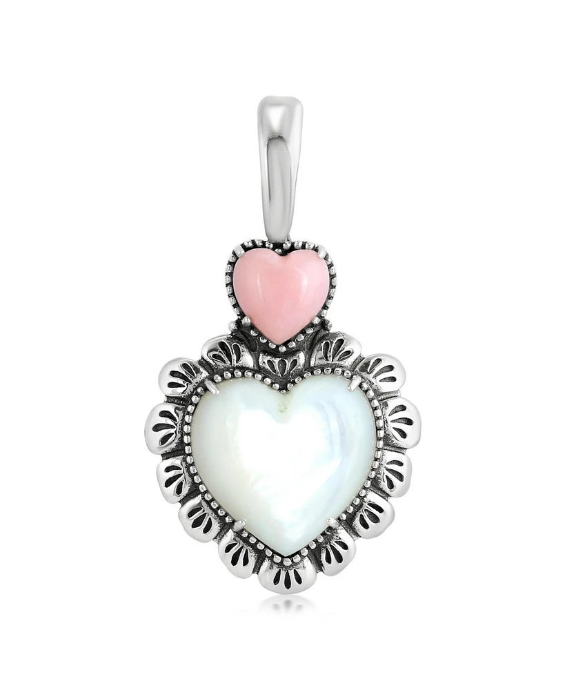 American West Jewelry Sterling Silver White Mother of Pearl Pink Opal Concha Heart Pendant Enhancer