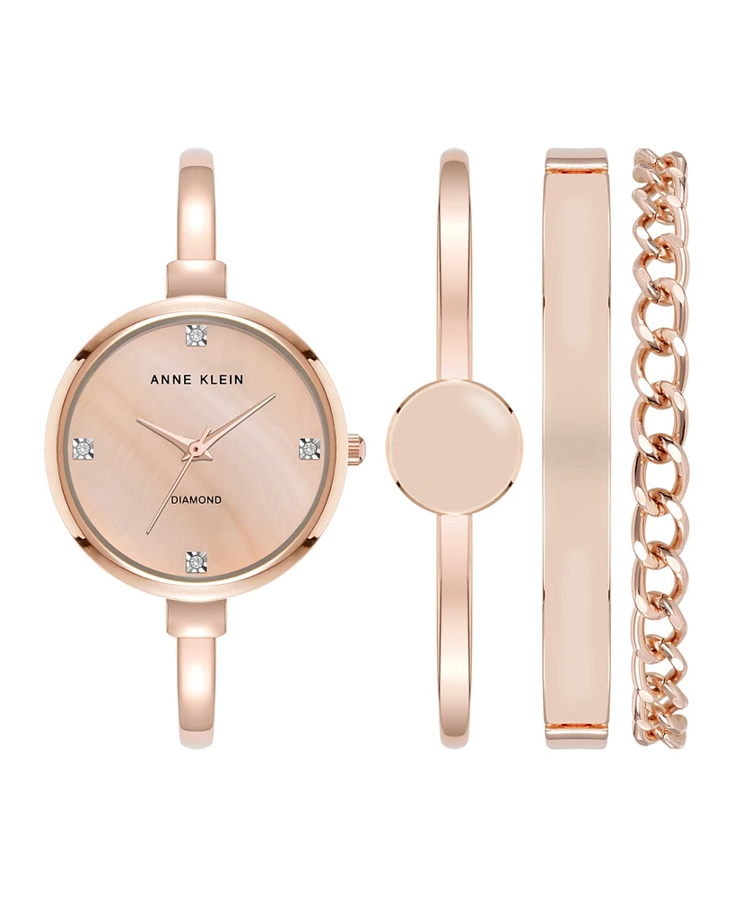 Anne Klein Women's Quartz Pink Enamel and Rose Gold-Tone Metal Alloy Bangle Watch Set, 32mm