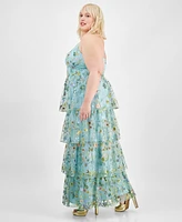 City Studios Trendy Plus Floral Embroidered Tiered Sleeveless Gown