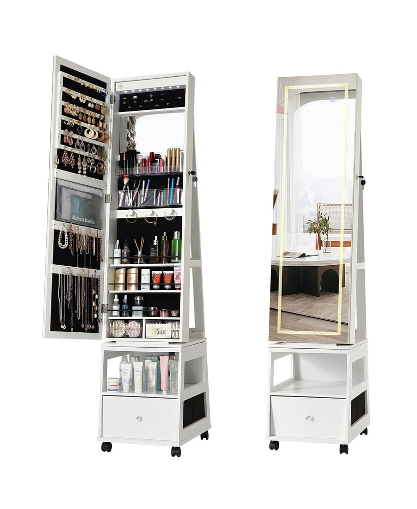 gaomon 360° Swivel Jewelry Armoire with Full Length Mirror, Led Vanity Mirror with Jewelry Storage Drawer, Shelf, Wheels, Freestanding Lockable J