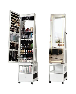 gaomon 360° Swivel Jewelry Armoire with Full Length Mirror, Led Vanity Mirror with Jewelry Storage Drawer, Shelf, Wheels, Freestanding Lockable J