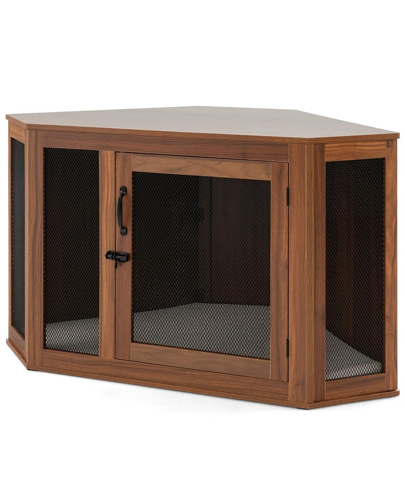 Gouun Corner Dog Kennel with Mesh Door and Cushion