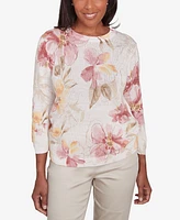 Alfred Dunner Women's Coming Up Roses Crew Neck Floral Long Sleeve Sweater