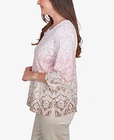 Alfred Dunner Women's Coming Up Roses Ombre Medallion Three Quarter Sleeve Top with Necklace