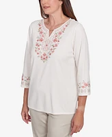 Alfred Dunner Women's Coming Up Roses Split Beaded Neck Embroidered Knit Top