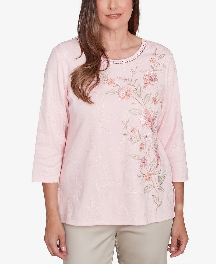 Alfred Dunner Women's Coming Up Roses Asymmetric Floral Embroidered Crew Neck Top