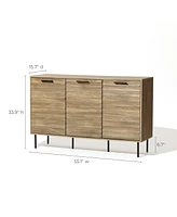 LuxenHome Mid-Century Modern Wave 3-Door 55.1-Inch Wide Kitchen Sideboard Cabinet with Metal Legs