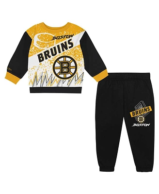 Mitchell & Ness Toddler Boston Bruins Two-Piece Oversized Block Buster Fleece Sweatshirt Pants Set